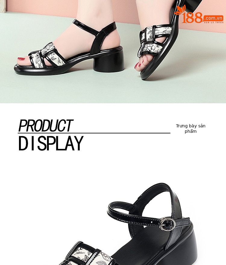Sandal nữ quai ngang đan dây gót vuông đế dày — màu đen chi tiết 14