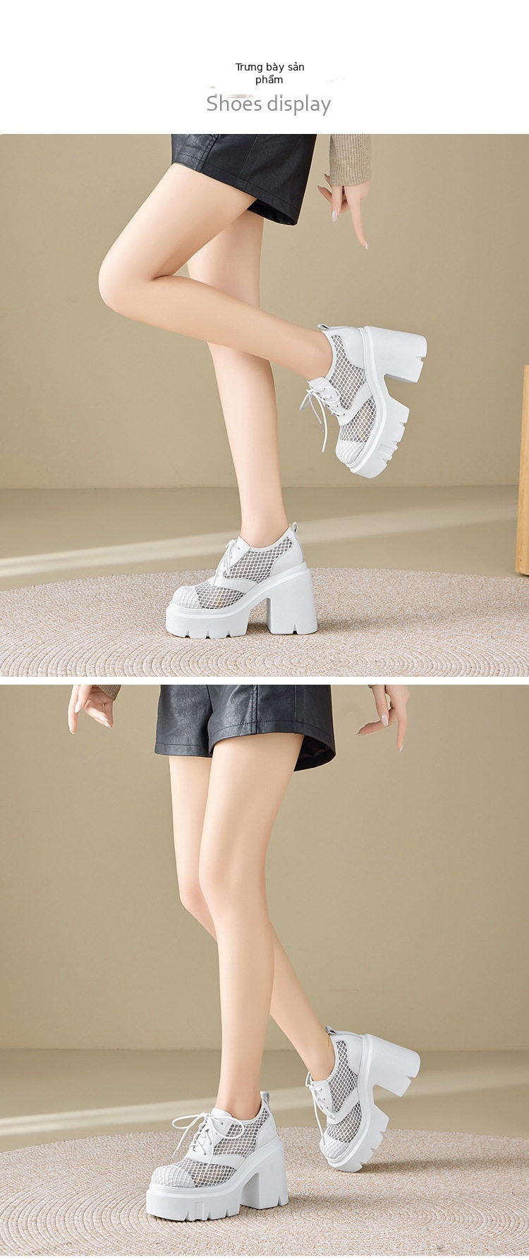 Giày cao gót nữ đế xuồng platform dây buộc hở mũi, gót 12 cm, phong cách thể thao — [Đen], [Trắng] chi tiết 2