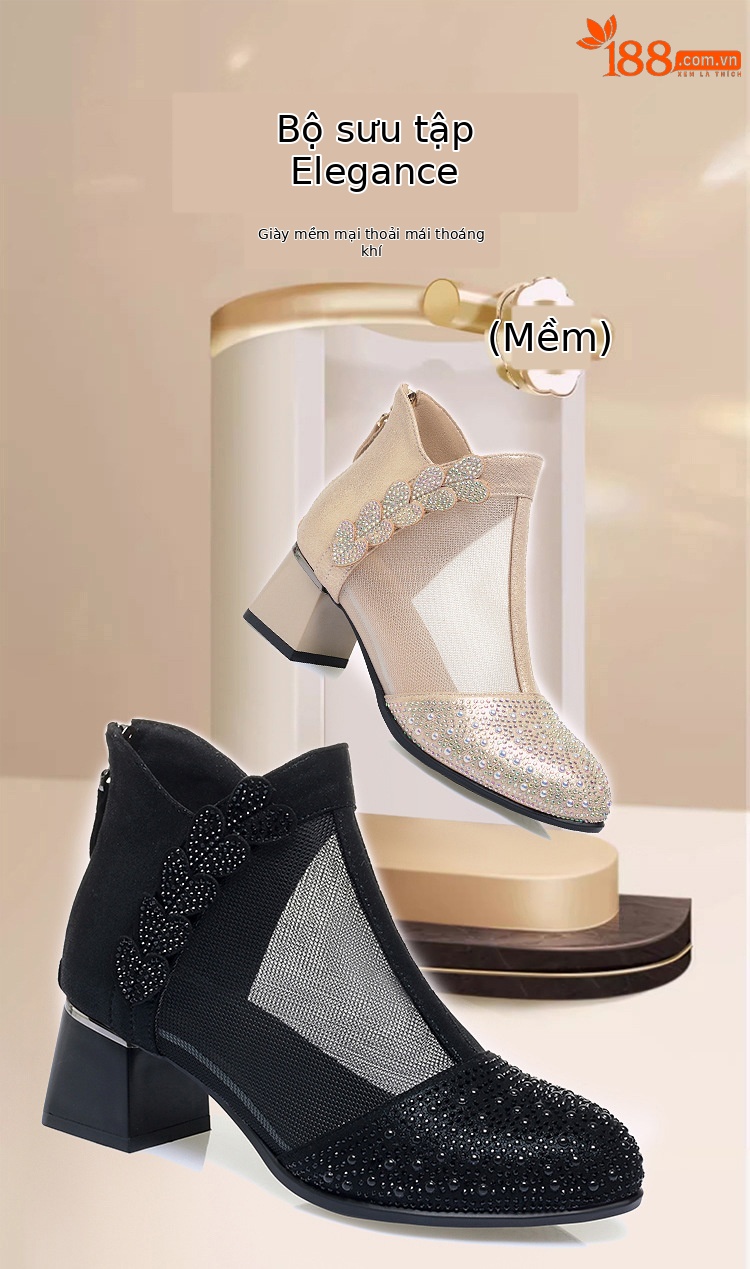 Giày boot nữ cổ thấp da thật lỗ thoáng khí gót thô 5 cm — màu đen chi tiết 1