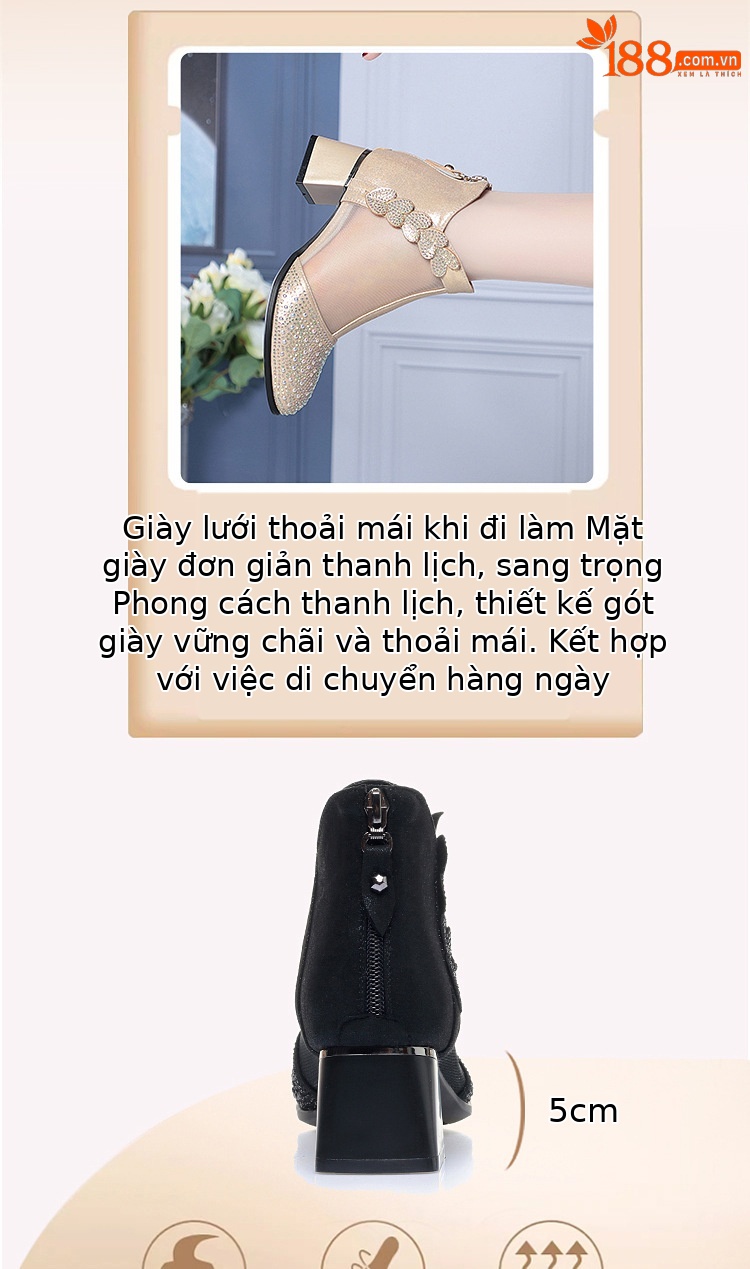 Giày boot nữ cổ thấp da thật lỗ thoáng khí gót thô 5 cm — màu đen chi tiết 3