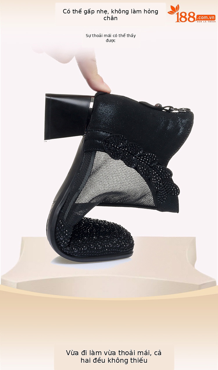 Giày boot nữ cổ thấp da thật lỗ thoáng khí gót thô 5 cm — màu đen chi tiết 4