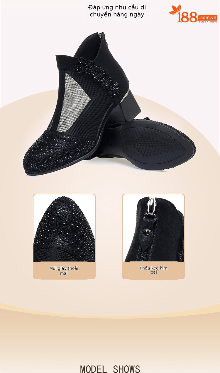 Giày boot nữ cổ thấp da thật lỗ thoáng khí gót thô 5 cm — màu đen chi tiết 5
