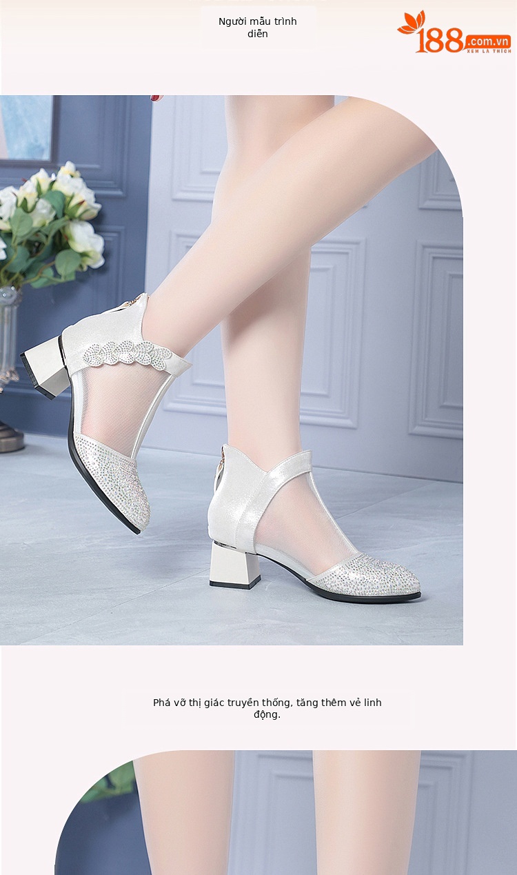 Giày boot nữ cổ thấp da thật lỗ thoáng khí gót thô 5 cm — màu đen chi tiết 6