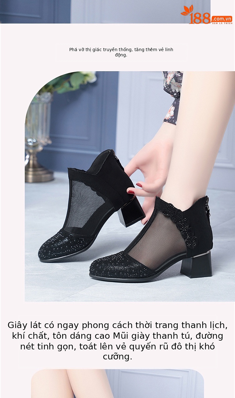 Giày boot nữ cổ thấp da thật lỗ thoáng khí gót thô 5 cm — màu đen chi tiết 10