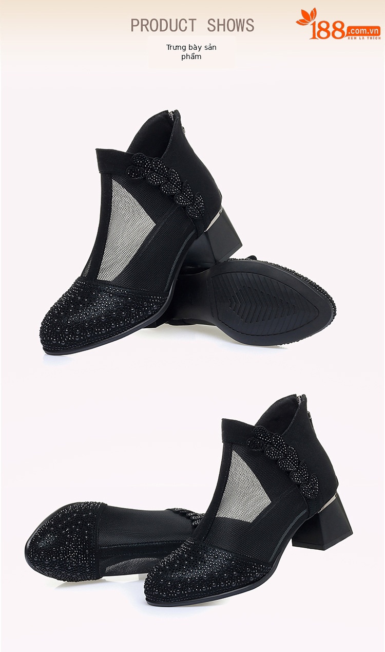 Giày boot nữ cổ thấp da thật lỗ thoáng khí gót thô 5 cm — màu đen chi tiết 14