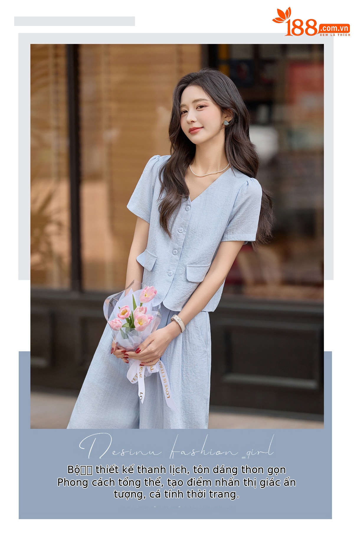 Bộ quần áo hai mảnh nữ mùa hè 2026 áo sơ mi cổ V tay ngắn phối quần ống rộng — Màu ảnh chi tiết 3