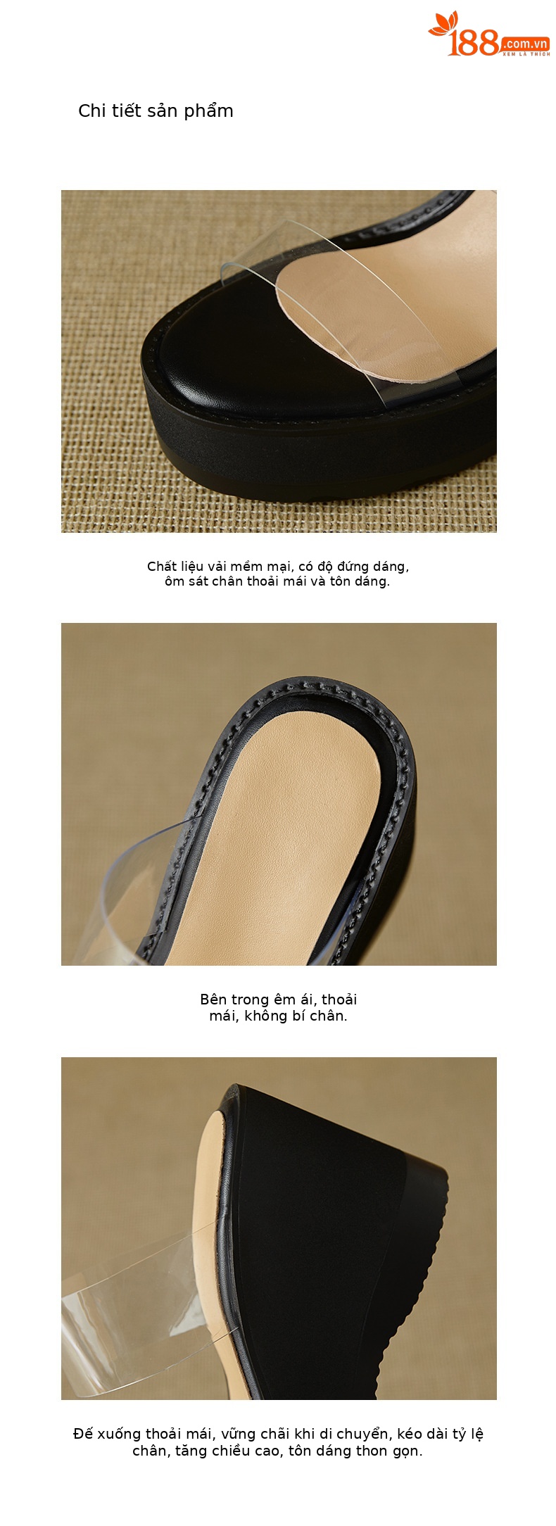 Dép sandal nữ quai ngang đế xuồng cao gót trong suốt — màu đen, màu mơ chi tiết 4