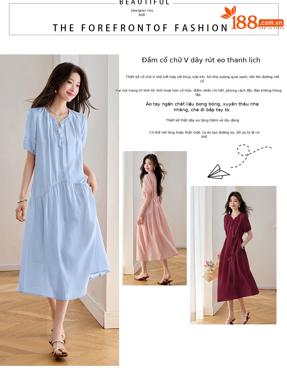 Đầm maxi nữ thắt eo chất liệu mềm mại phong cách resort — đỏ Angola, xanh lam, Màu hồng chi tiết 2