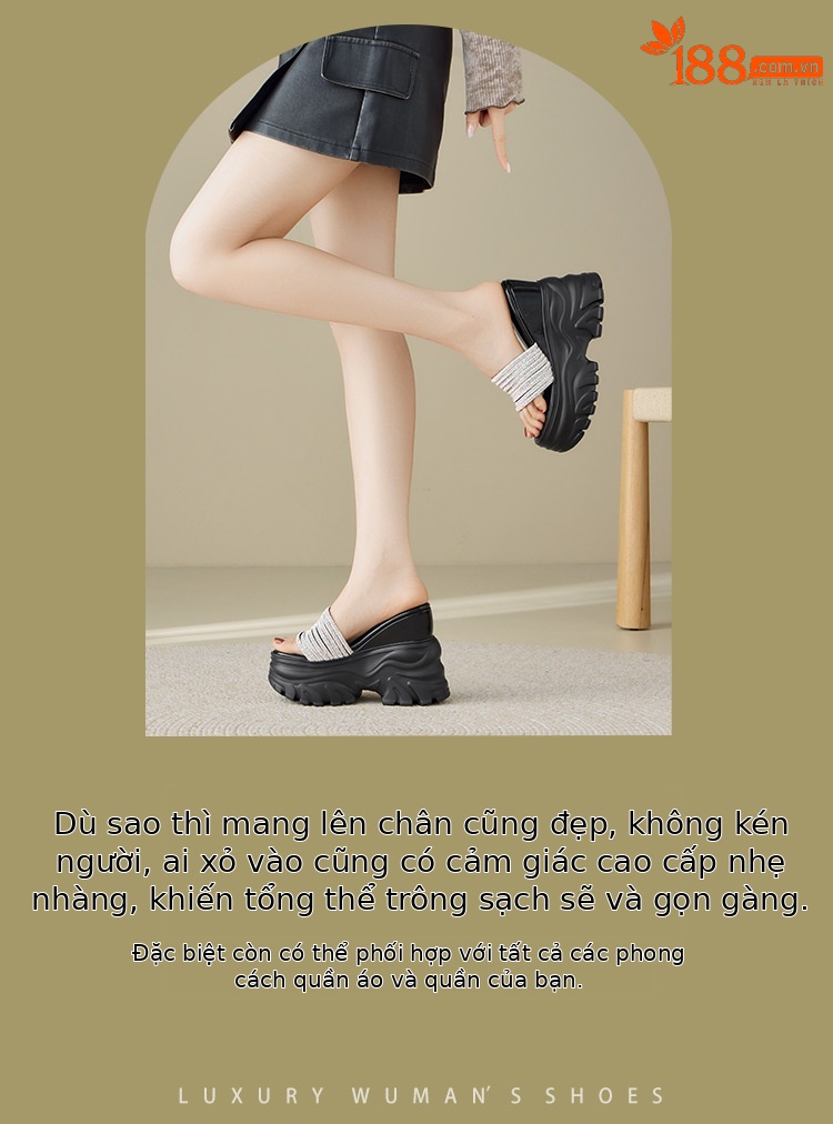 Sandal cao gót nữ đính đá quai ngang đế dày platform gót 9 cm — màu đen, màu trắng ngà chi tiết 2