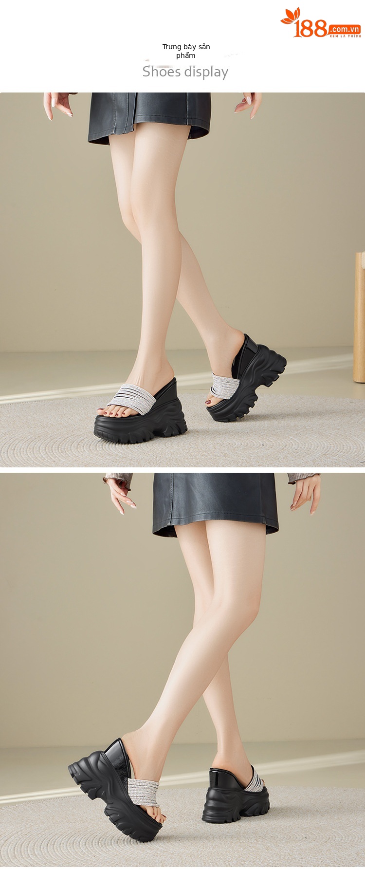 Sandal cao gót nữ đính đá quai ngang đế dày platform gót 9 cm — màu đen, màu trắng ngà chi tiết 5