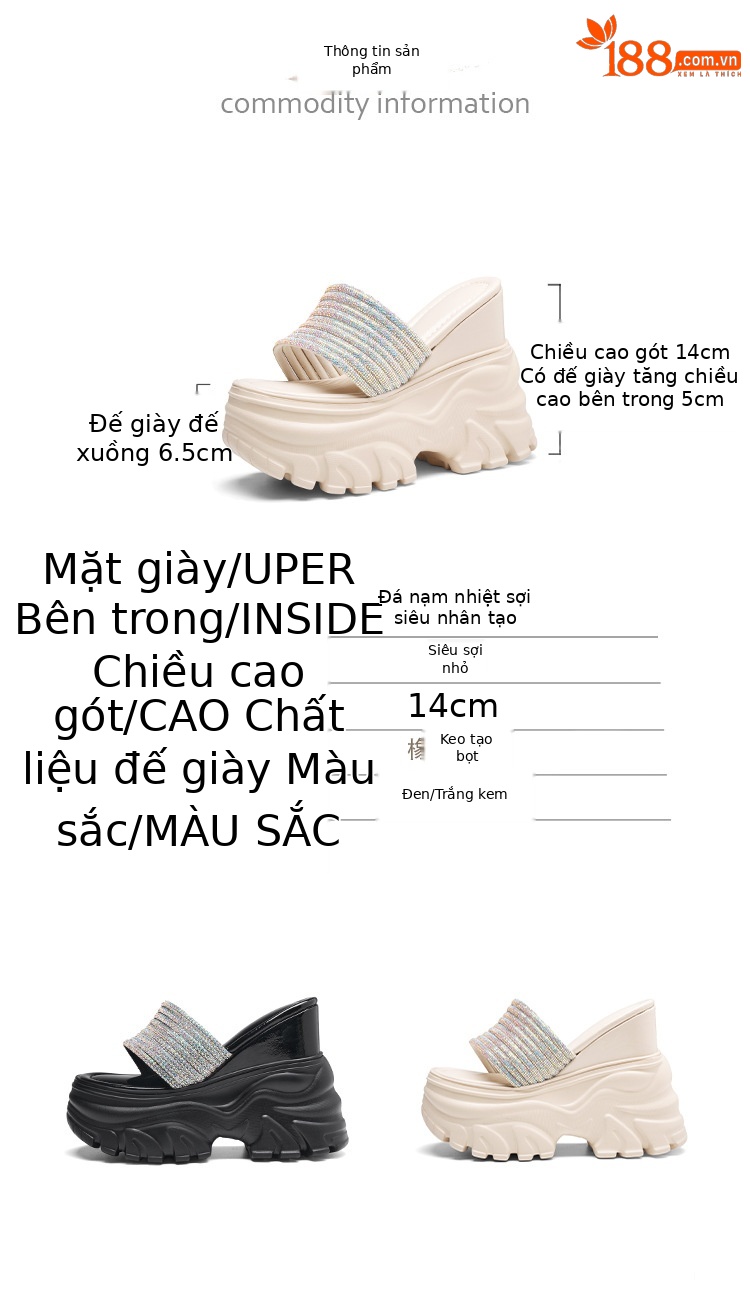 Sandal cao gót nữ đính đá quai ngang đế dày platform gót 9 cm — màu đen, màu trắng ngà chi tiết 3