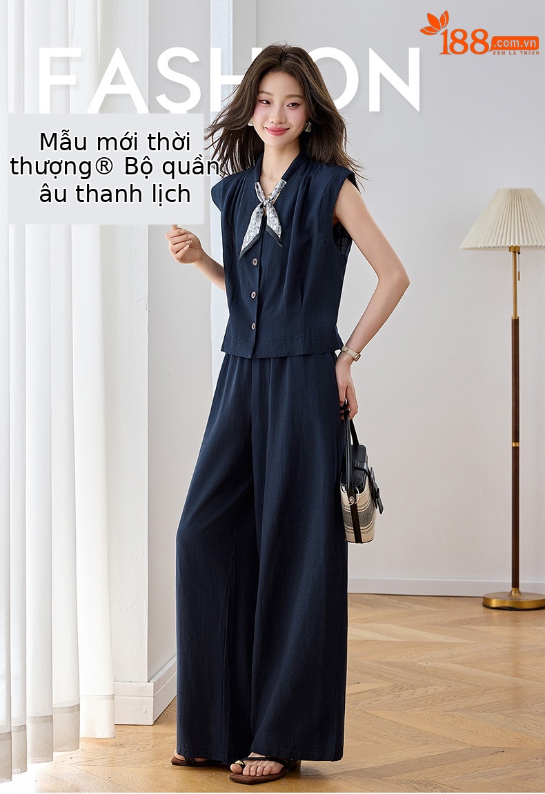 Bộ quần áo hai mảnh mùa hè 2026 gồm áo phối quần ống rộng cao cấp YB2636 — Xanh lông mòng đen, màu trắng chi tiết 1