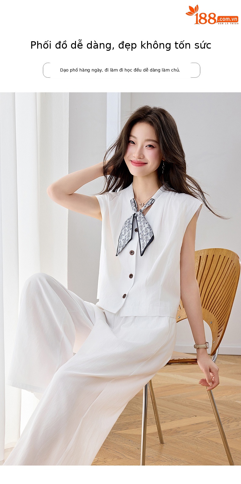 Bộ quần áo hai mảnh mùa hè 2026 gồm áo phối quần ống rộng cao cấp YB2636 — Xanh lông mòng đen, màu trắng chi tiết 3