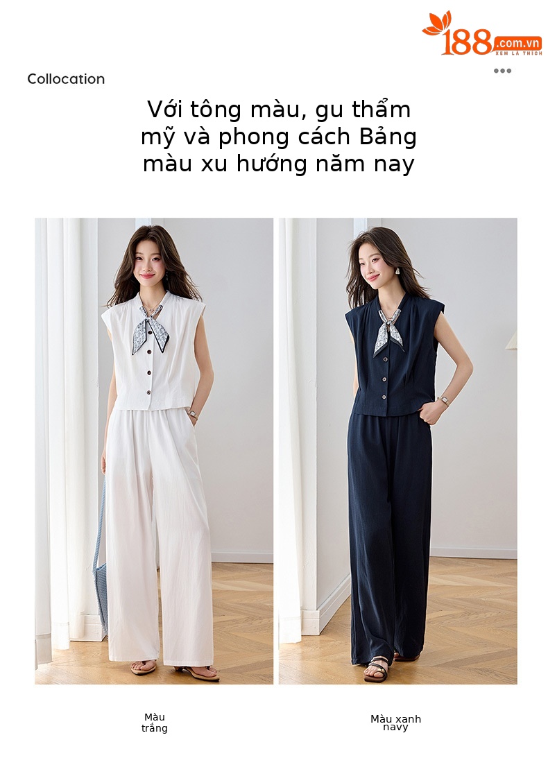 Bộ quần áo hai mảnh mùa hè 2026 gồm áo phối quần ống rộng cao cấp YB2636 — Xanh lông mòng đen, màu trắng chi tiết 4