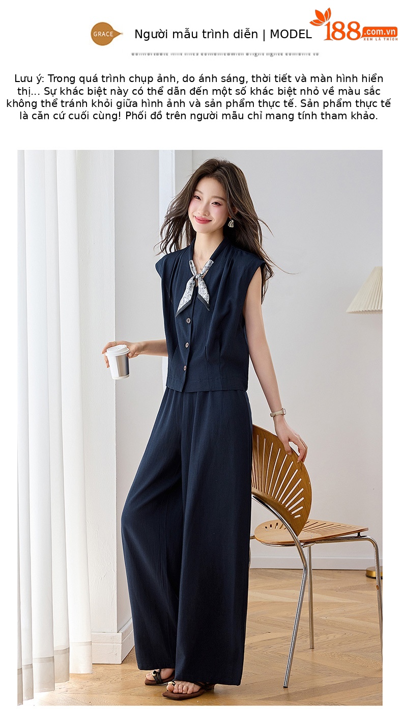 Bộ quần áo hai mảnh mùa hè 2026 gồm áo phối quần ống rộng cao cấp YB2636 — Xanh lông mòng đen, màu trắng chi tiết 11