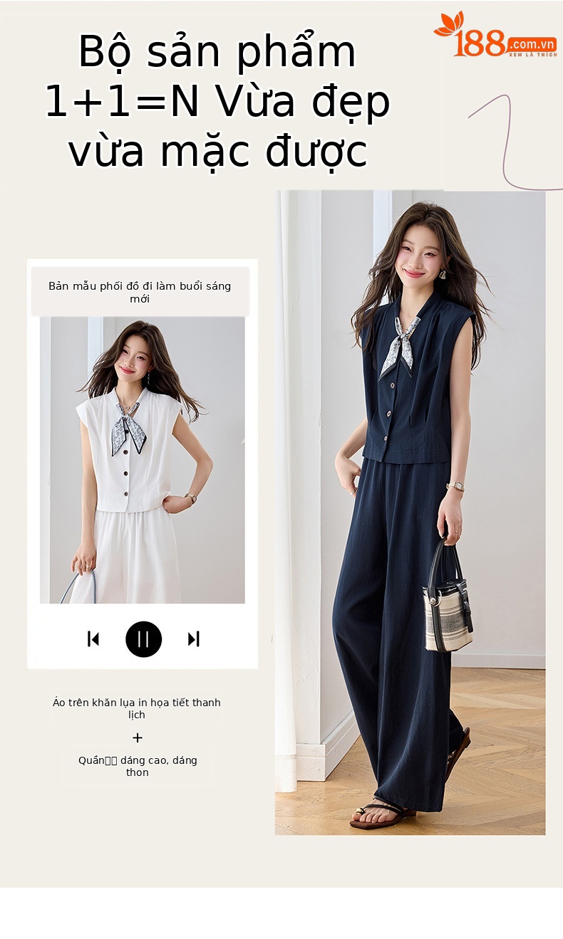 Bộ quần áo hai mảnh mùa hè 2026 gồm áo phối quần ống rộng cao cấp YB2636 — Xanh lông mòng đen, màu trắng chi tiết 2