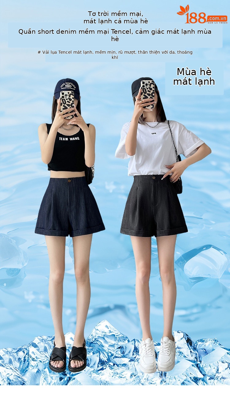 Quần short jean nữ lưng cao ống rộng gấu cuộn — màu đen chi tiết 1