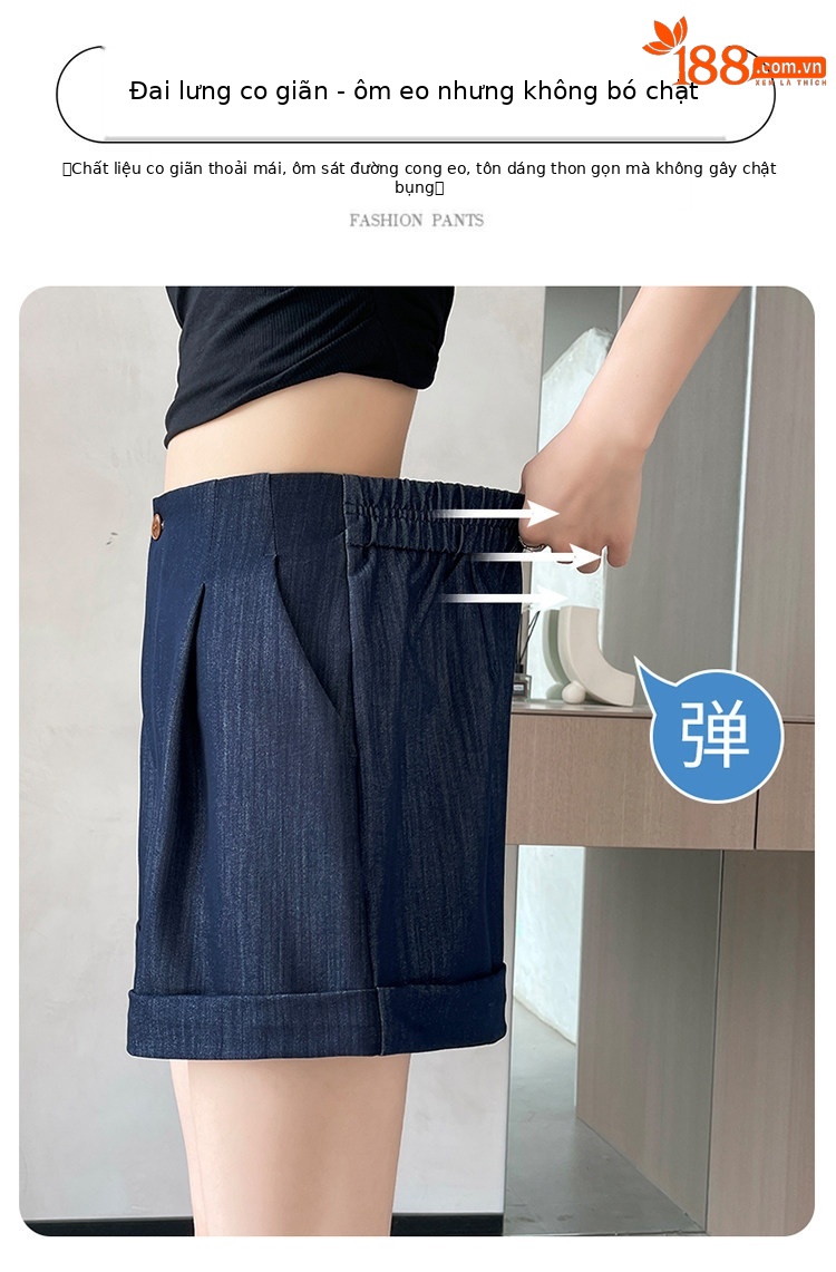 Quần short jean nữ lưng cao ống rộng gấu cuộn — màu đen chi tiết 4