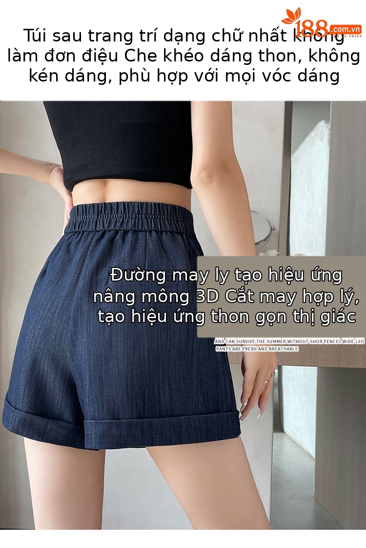 Quần short jean nữ lưng cao ống rộng gấu cuộn — màu đen chi tiết 17