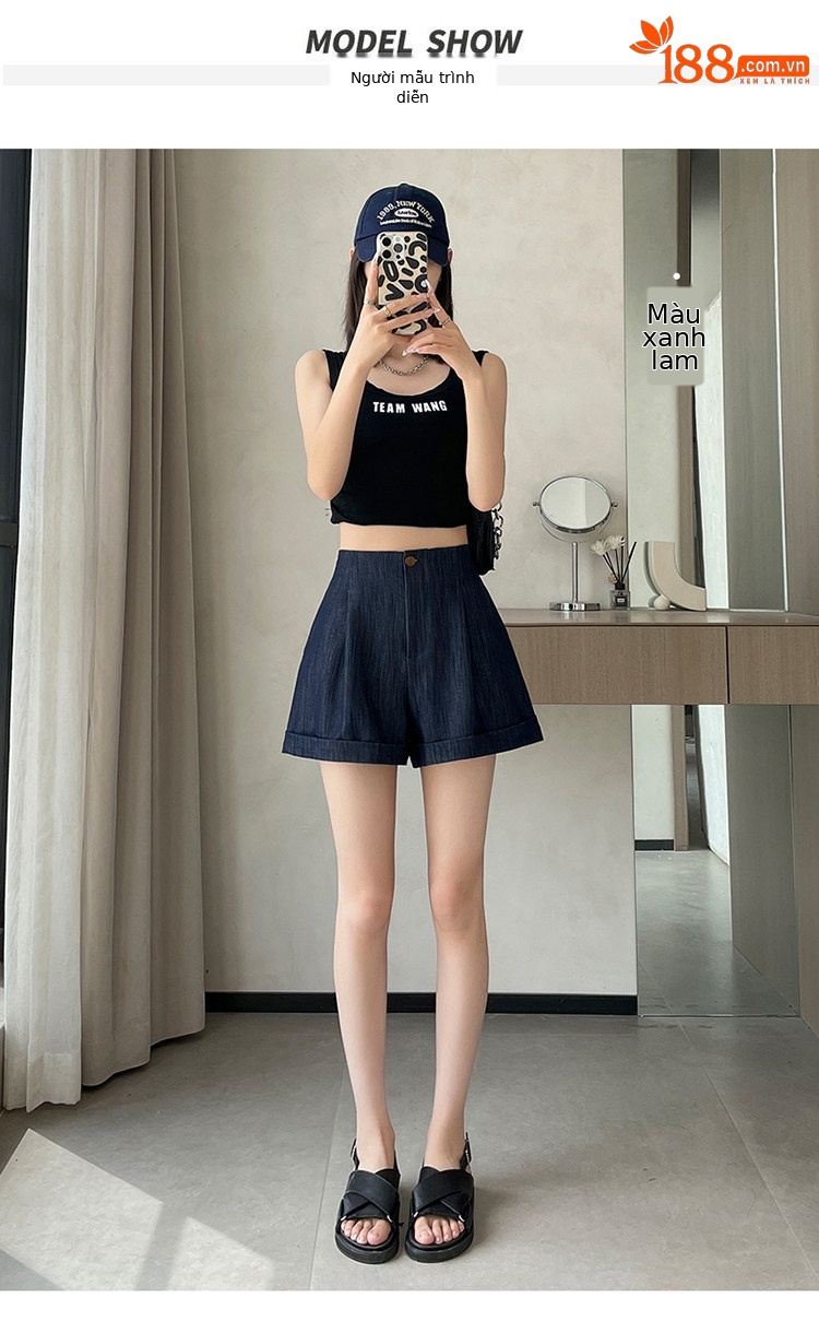 Quần short jean nữ lưng cao ống rộng gấu cuộn — màu đen chi tiết 27