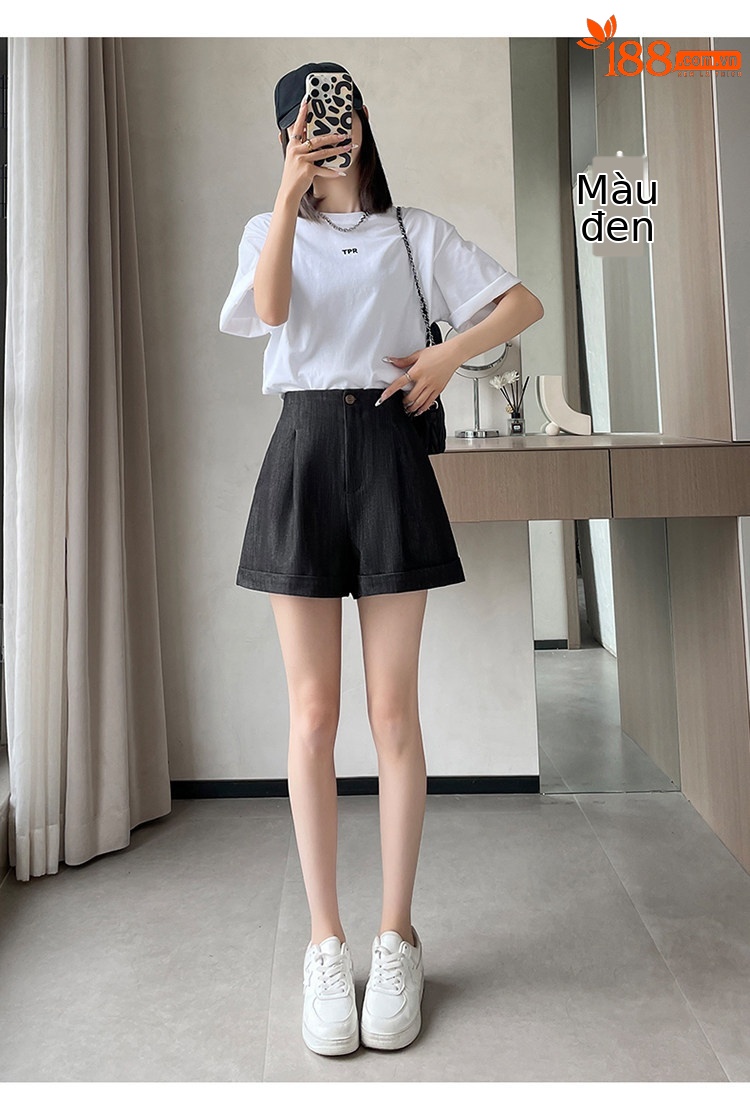 Quần short jean nữ lưng cao ống rộng gấu cuộn — màu đen chi tiết 33