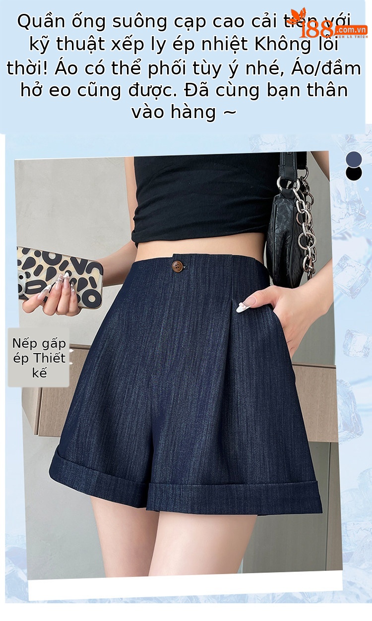 Quần short jean nữ lưng cao ống rộng gấu cuộn — màu đen chi tiết 3