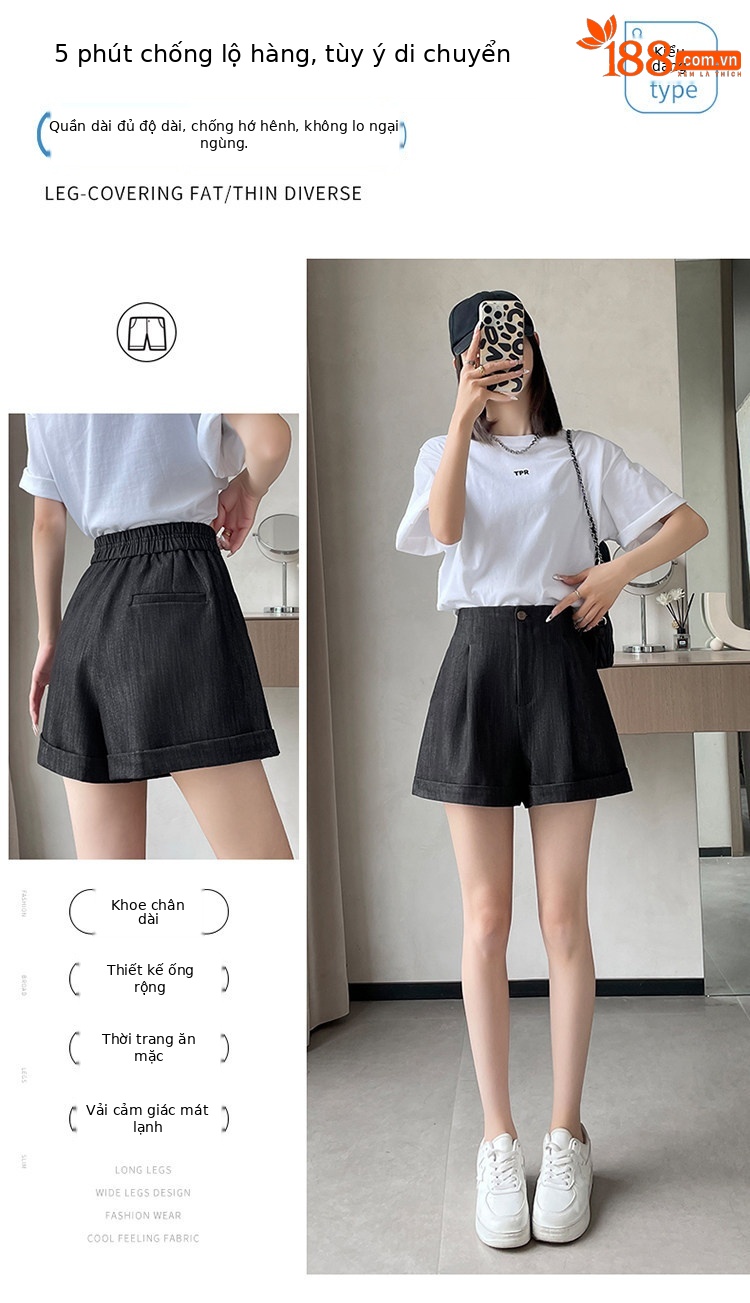 Quần short jean nữ lưng cao ống rộng gấu cuộn — màu đen chi tiết 6