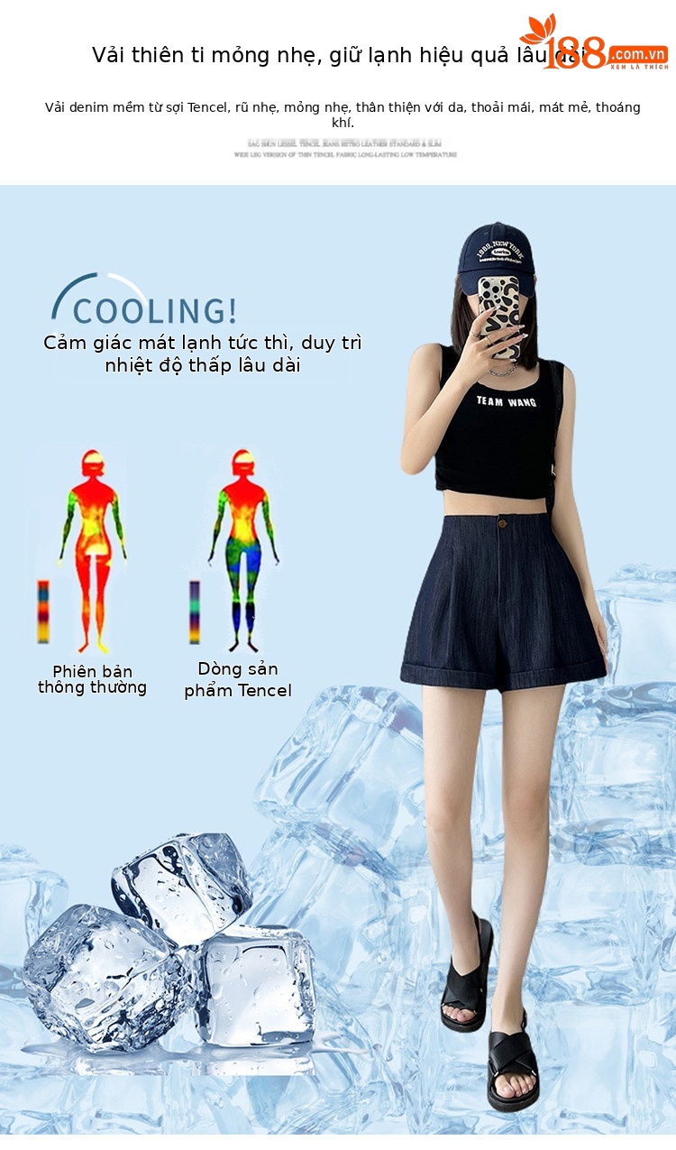 Quần short jean nữ lưng cao ống rộng gấu cuộn — màu đen chi tiết 7