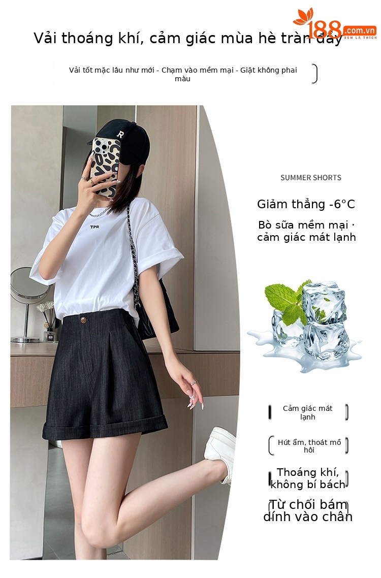 Quần short jean nữ lưng cao ống rộng gấu cuộn — màu đen chi tiết 11
