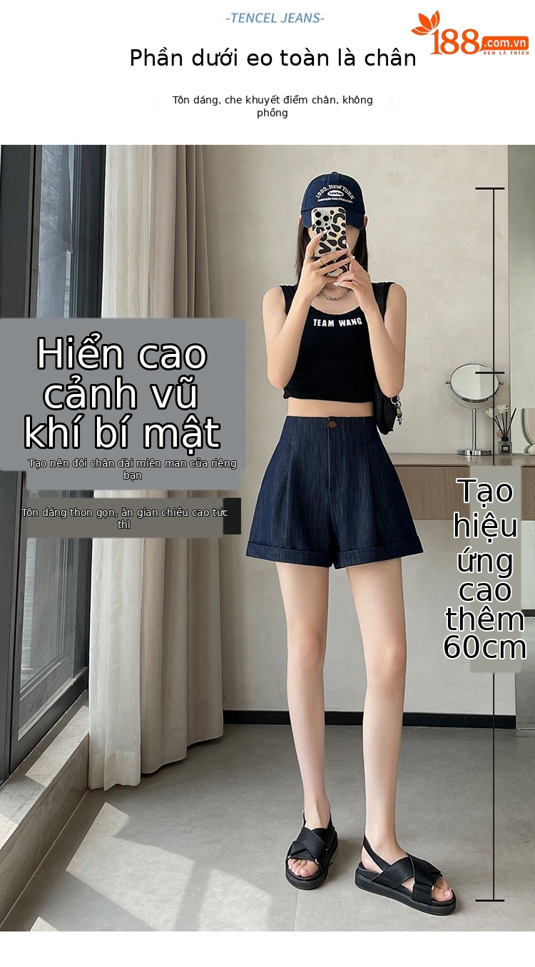 Quần short jean nữ lưng cao ống rộng gấu cuộn — màu đen chi tiết 12