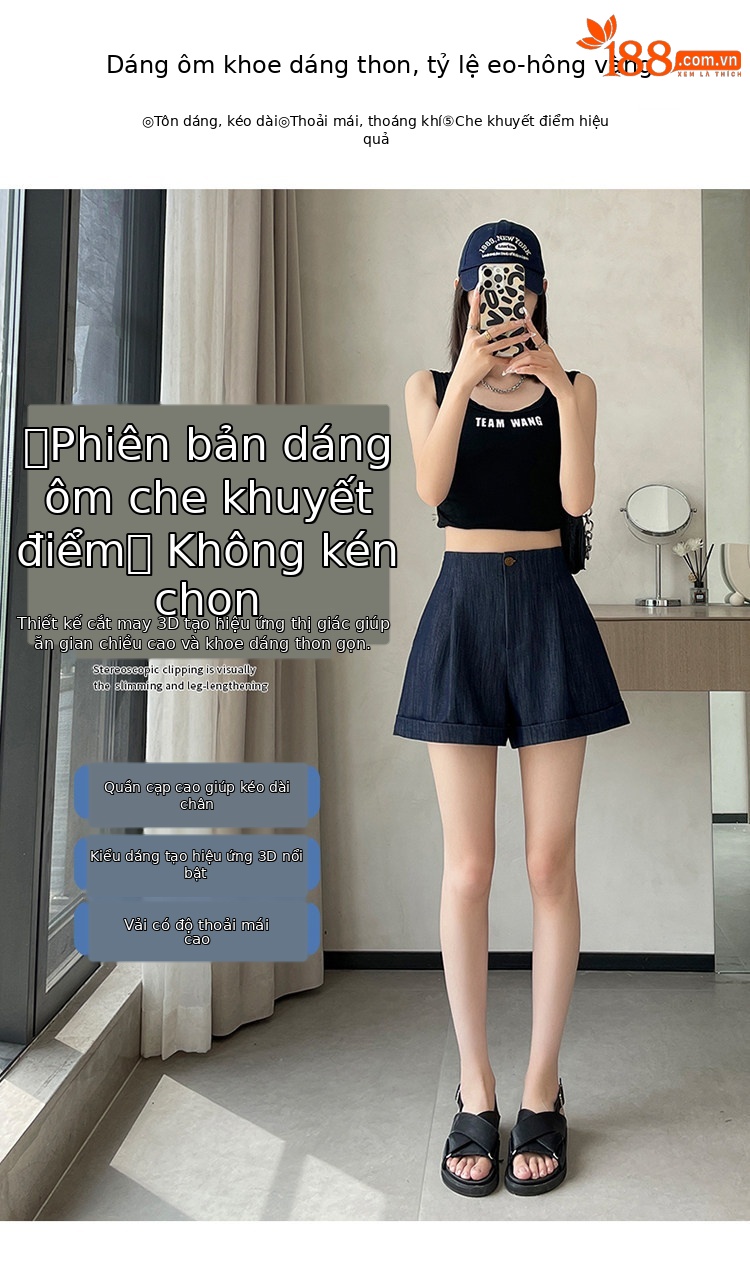 Quần short jean nữ lưng cao ống rộng gấu cuộn — màu đen chi tiết 14