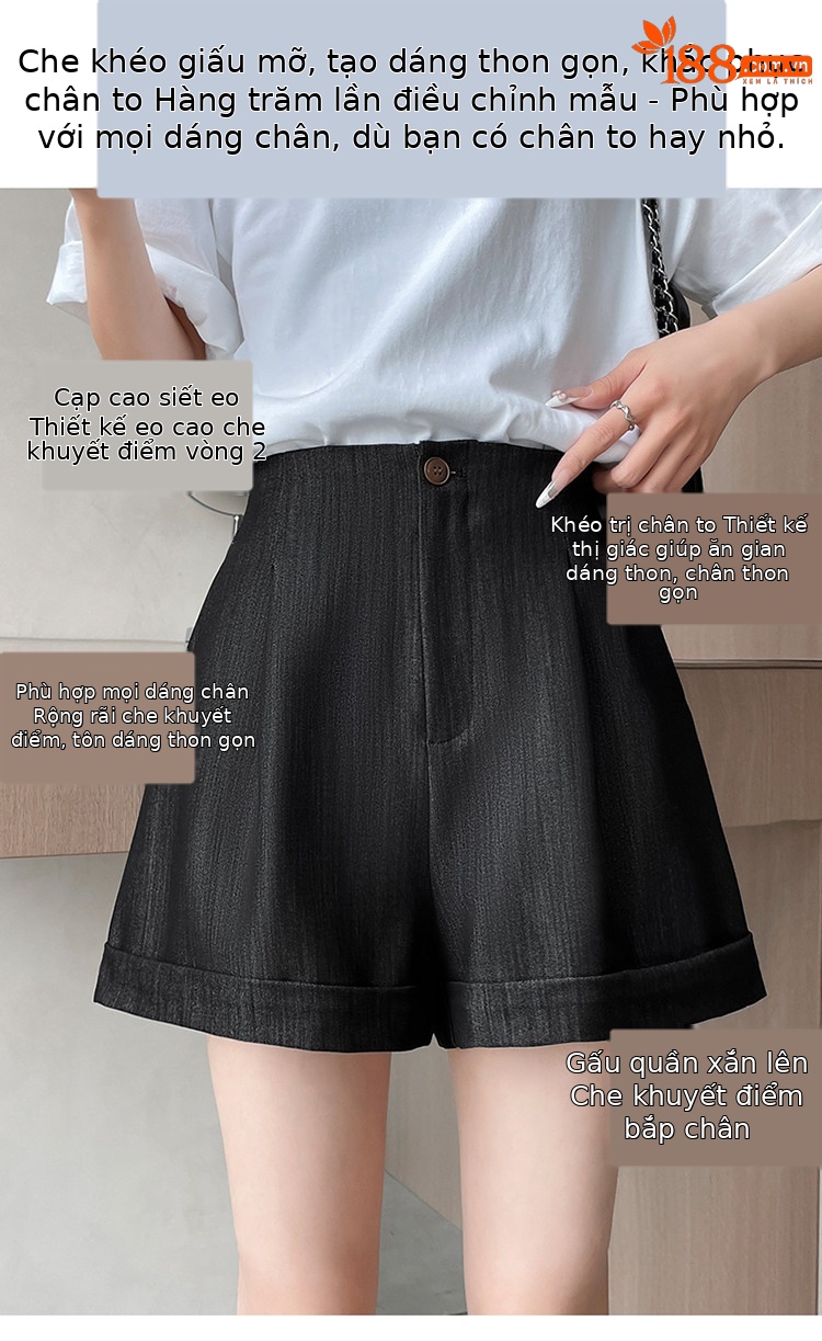 Quần short jean nữ lưng cao ống rộng gấu cuộn — màu đen chi tiết 18