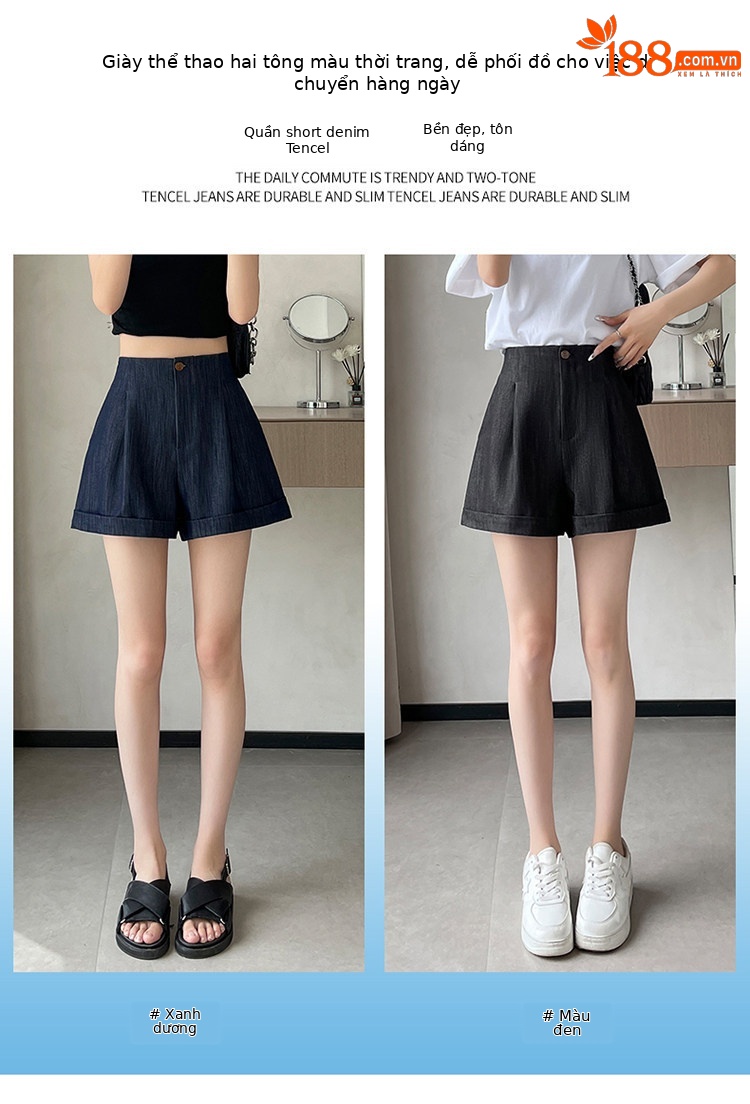 Quần short jean nữ lưng cao ống rộng gấu cuộn — màu đen chi tiết 25