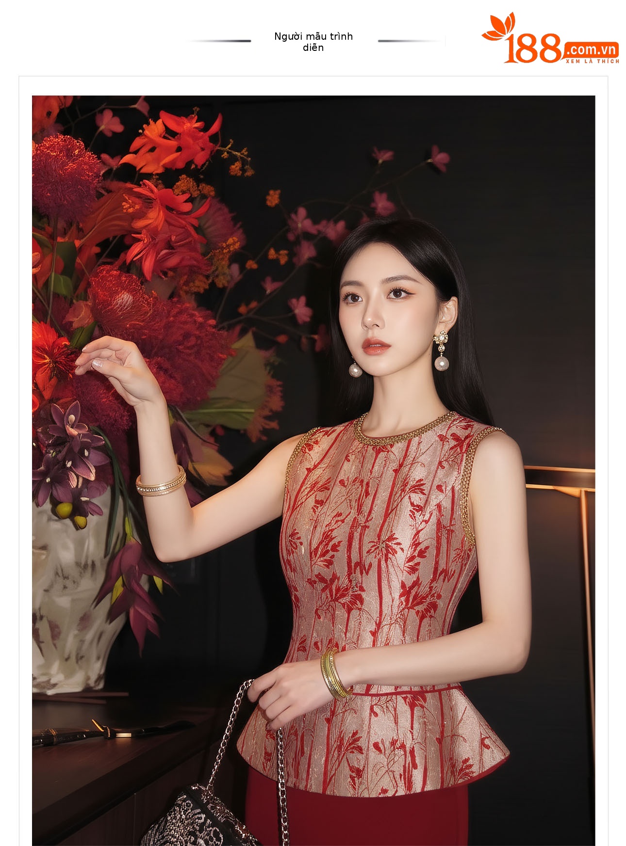 Set áo vest không tay và chân váy midi họa tiết thêu hoa văn cổ điển Trung Hoa — bộ đồ, nửa váy, Trang chủ chi tiết 1