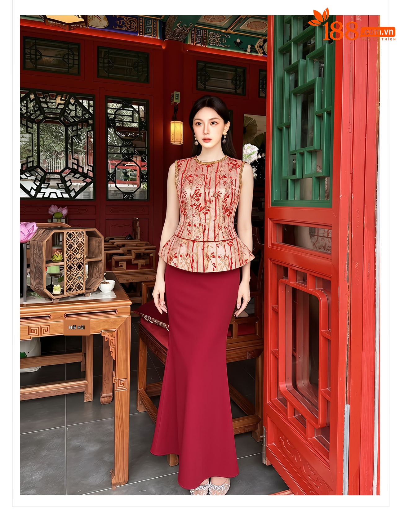 Set áo vest không tay và chân váy midi họa tiết thêu hoa văn cổ điển Trung Hoa — bộ đồ, nửa váy, Trang chủ chi tiết 12