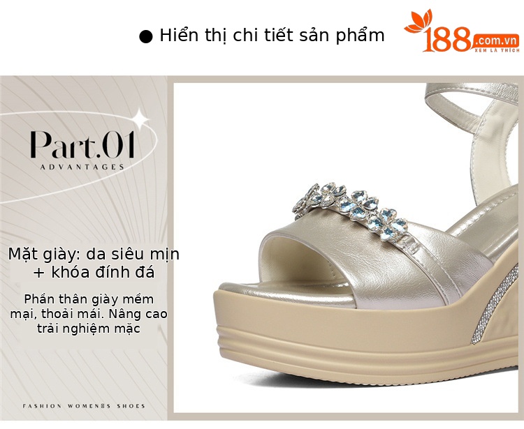 Sandal cao gót nữ hở mũi đính đá phong cách Pháp, đế xuồng, mùa hè 2026 — 6143 Bạc, 6143 Vàng chi tiết 6