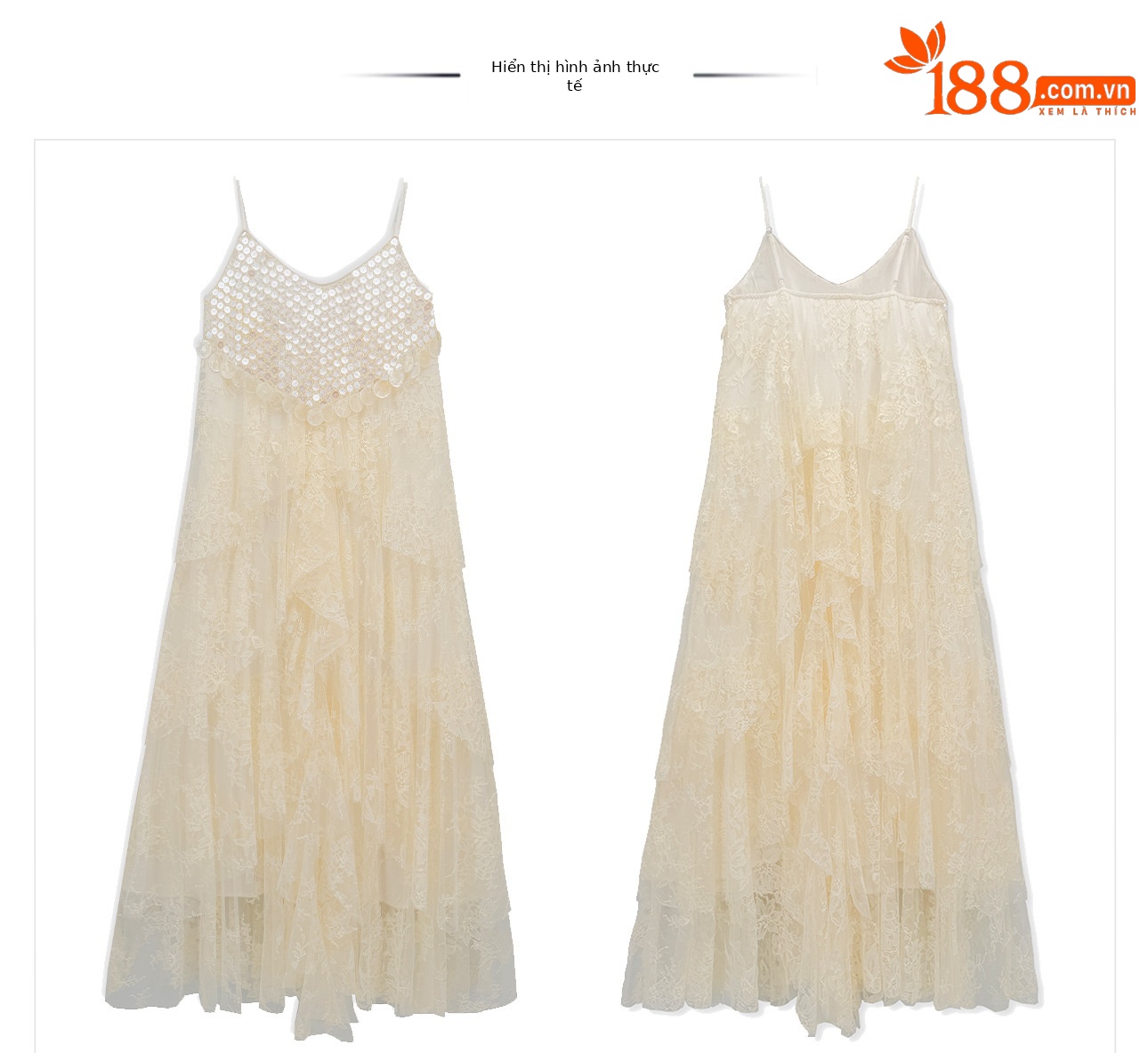 Đầm maxi nữ thắt eo thiết kế tân cổ điển ren xếp tầng đính hạt — màu trắng ngà chi tiết 9