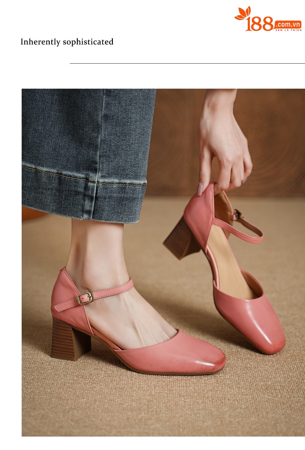 Giày sandal cao gót nữ quai ngang mũi vuông gót 6 cm — Màu hồng chi tiết 3