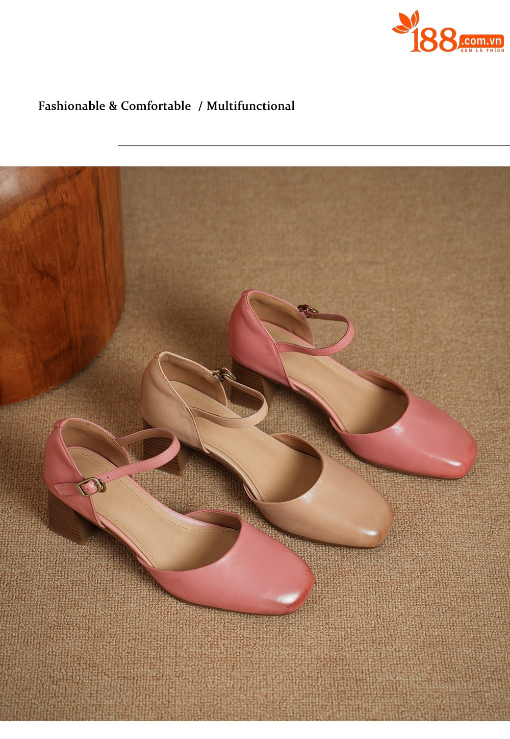 Giày sandal cao gót nữ quai ngang mũi vuông gót 6 cm — Màu hồng chi tiết 10