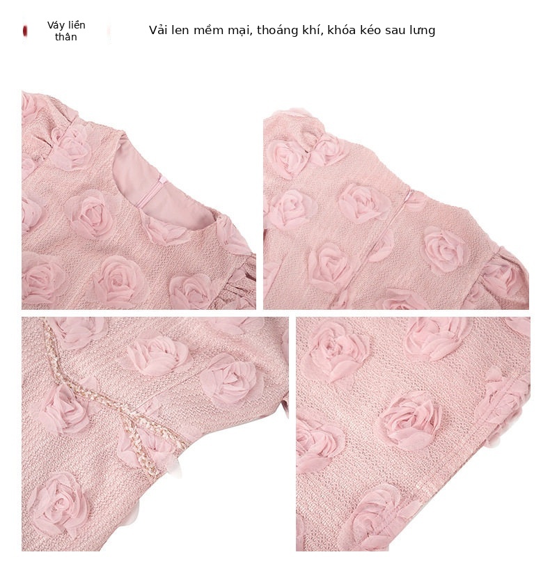 Đầm suông nữ midi tay ngắn cổ tròn eo cao dáng chữ A phong cách Pháp — [Hồng] chi tiết 3
