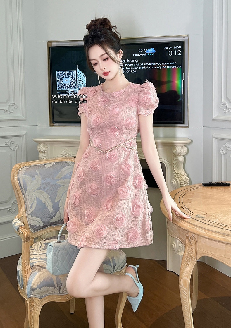 Đầm suông nữ midi tay ngắn cổ tròn eo cao dáng chữ A phong cách Pháp — [Hồng] chi tiết 5