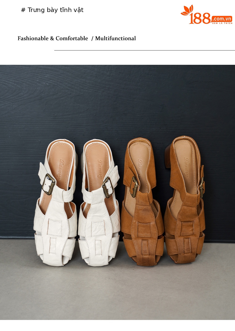 Dép sandal nữ quai dệt da cừu, đế La Mã thô, gót 4.5 cm — Màu caramel chi tiết 13