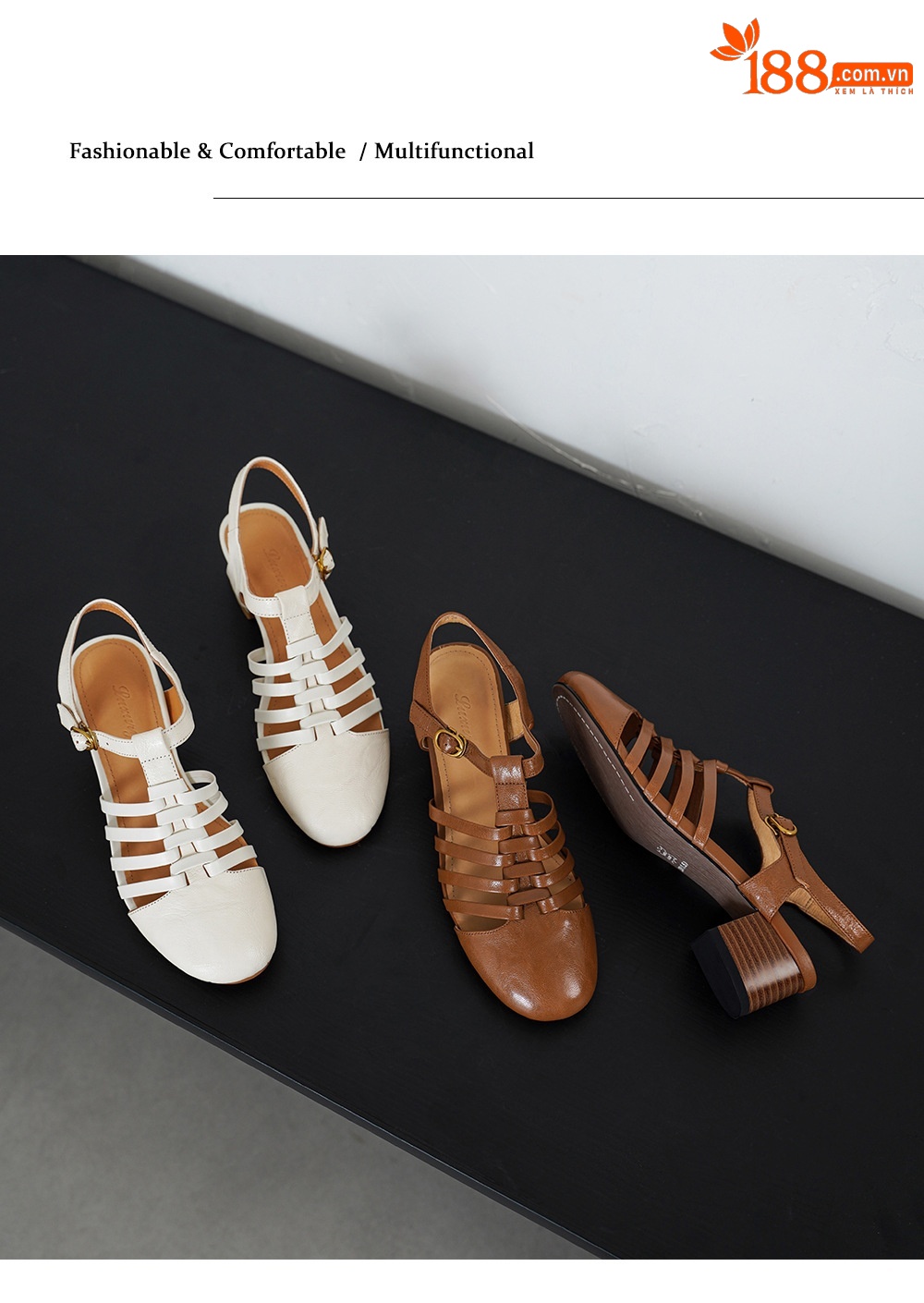 Sandal nữ cổ điển mũi nhọn quai T khóa, gót 5 cm, da cừu mềm — màu trắng ngà chi tiết 12