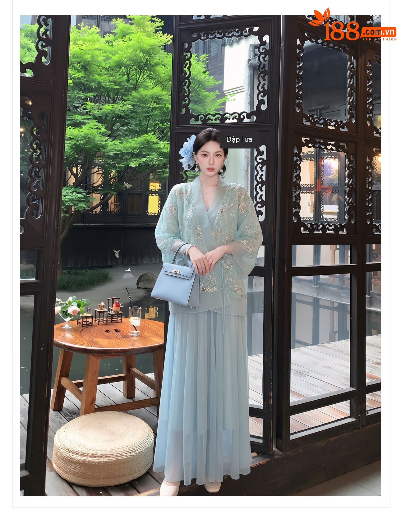 Bộ áo khoác ngoài và đầm dây phong cách Tân Trung Hoa thêu hoa sequin nặng — bộ đồ, đầm dây, áo khoác chi tiết 10