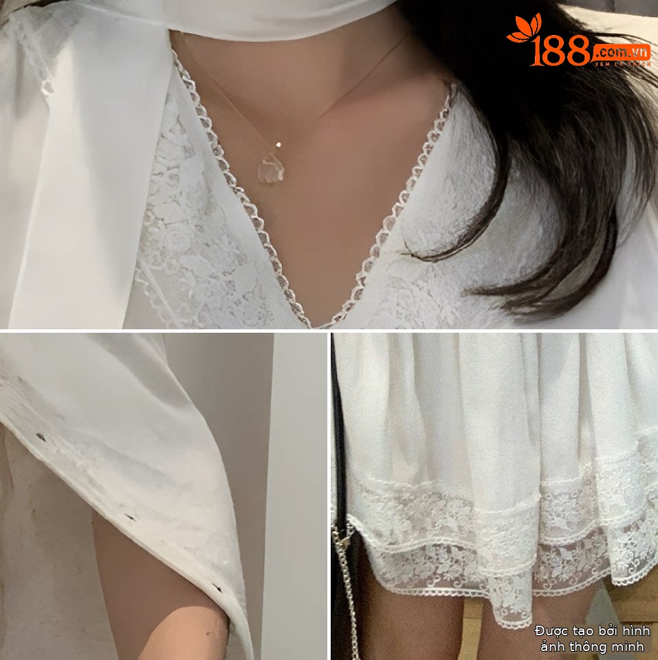 Đầm ren dây rút cổ V eo thon dáng suông tay ngắn — màu trắng chi tiết 8