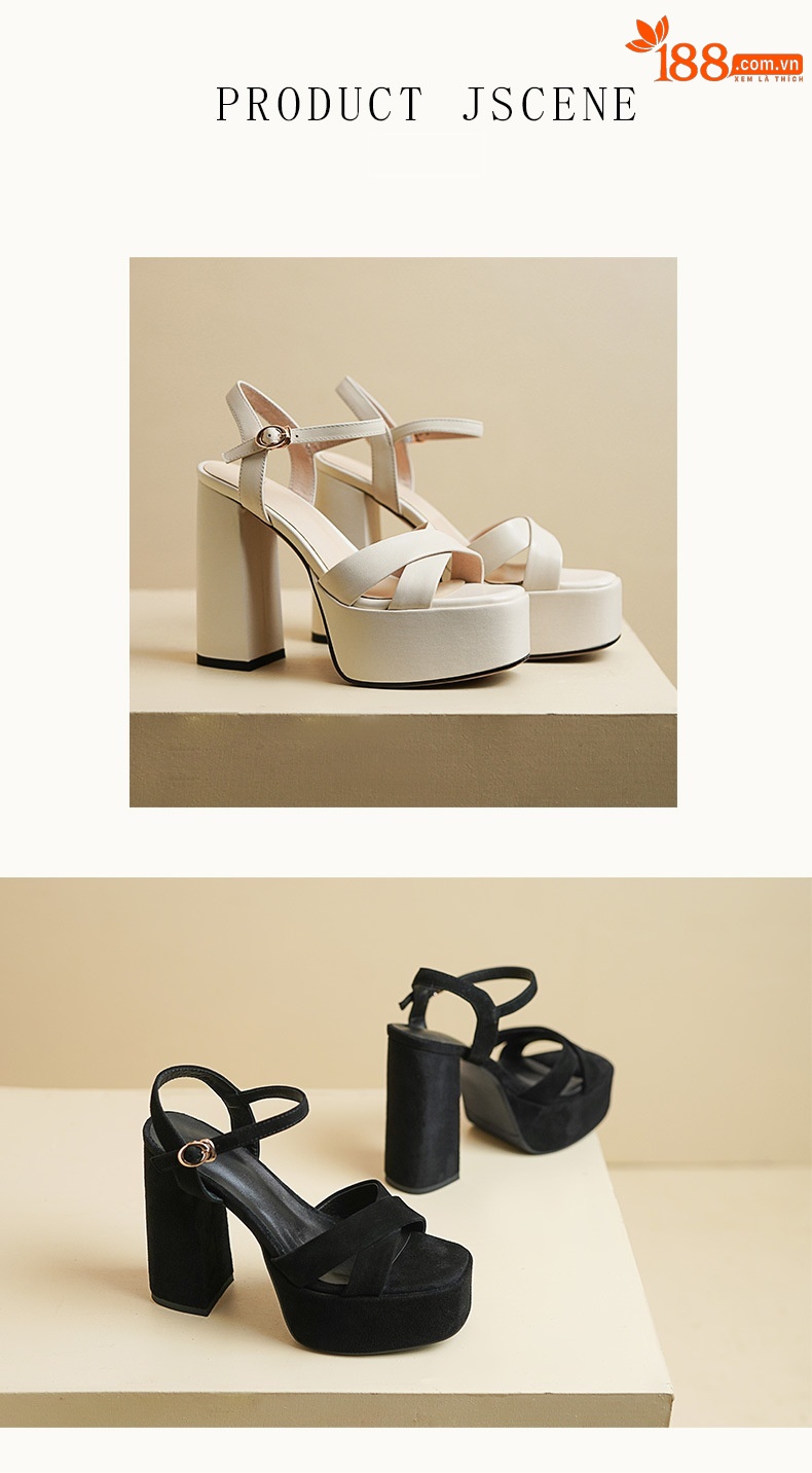 Sandal cao gót nữ hở mũi quai ngang khóa, gót 12 cm — Da bò trắng gạo chi tiết 10