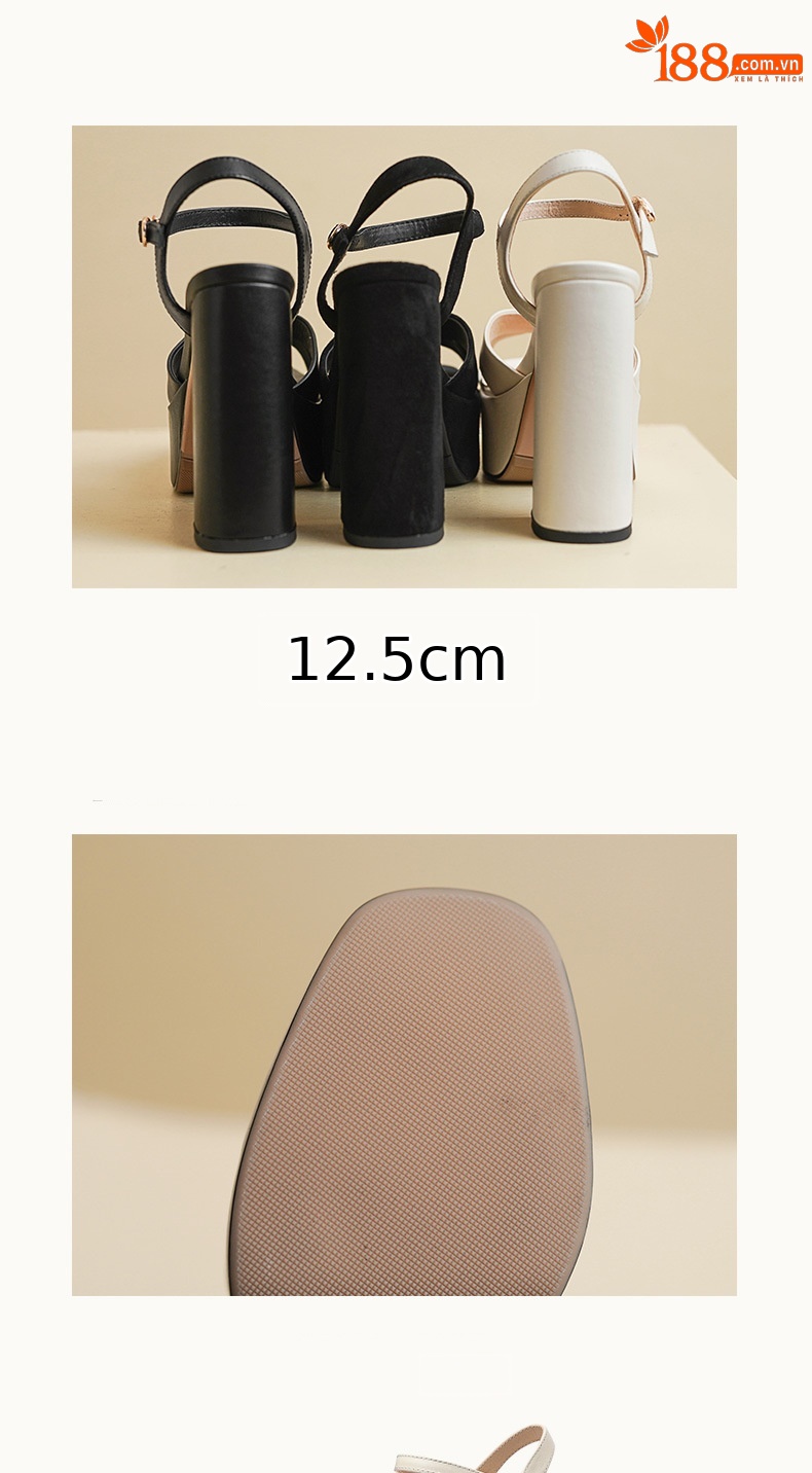 Sandal cao gót nữ hở mũi quai ngang khóa, gót 12 cm — Da bò trắng gạo chi tiết 13