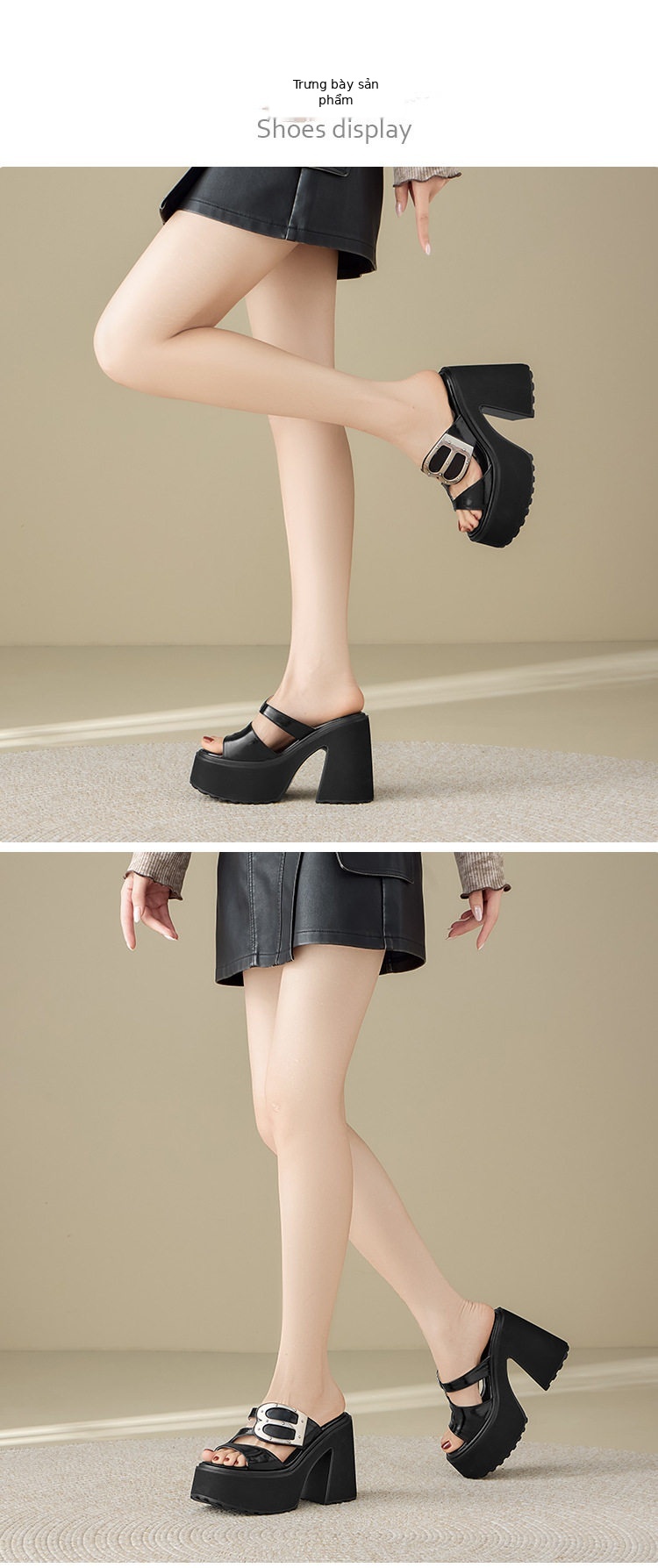 Dép sandal nữ quai chữ V da bò thật mũi hở đế bệt — Trắng bạc, Đen chi tiết 2