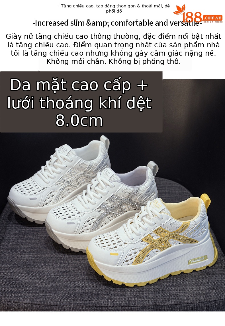 Giày sneaker nữ đế dày phong cách cổ điển phối màu, đan lưới thoáng khí mùa hè — Xám 5068, Vàng 5068, Trắng 5068 chi tiết 2