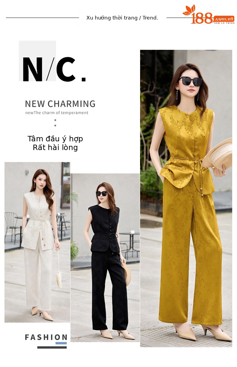 Bộ quần áo hai mảnh nữ phong cách tân cổ điển Trung Hoa – áo gile họa tiết jacquard kết hợp quần ống rộng — màu đen, màu trắng, màu vàng chi tiết 2